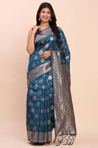 Sutriti steel blue soft silk saree with silver zari floral motifs