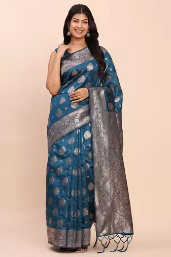 Sutriti steel blue soft silk saree with silver zari floral motifs