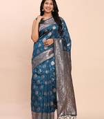 Sutriti steel blue soft silk saree with silver zari floral motifs