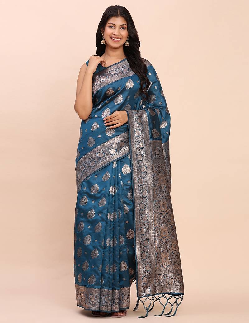 Sutriti steel blue soft silk saree with silver zari floral motifs