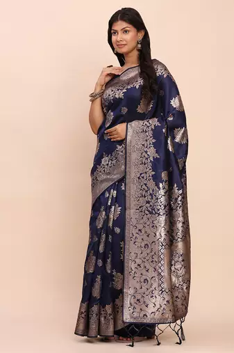 midnight navy blue woven soft silk blend saree