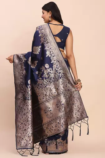 midnight navy blue woven soft silk blend saree