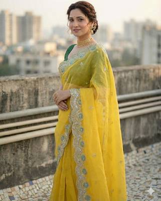 Yellow color embroidery work gold crush art silk saree  1