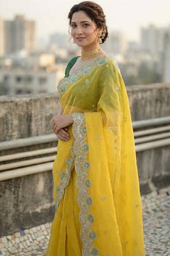 Yellow color embroidery work gold crush silk saree 