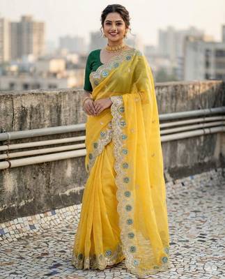 Yellow color embroidery work gold crush art silk saree  2