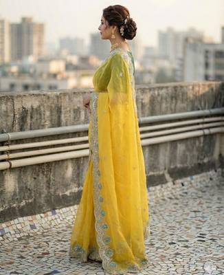 Yellow color embroidery work gold crush art silk saree  3