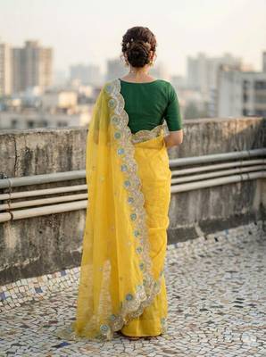 Yellow color embroidery work gold crush art silk saree  4