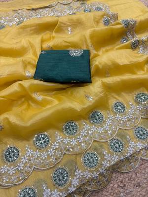 Yellow color embroidery work gold crush art silk saree  5