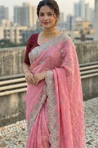 Pink color embroidery work gold crush silk saree 