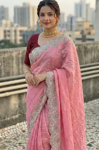 Pink color embroidery work gold crush silk saree 