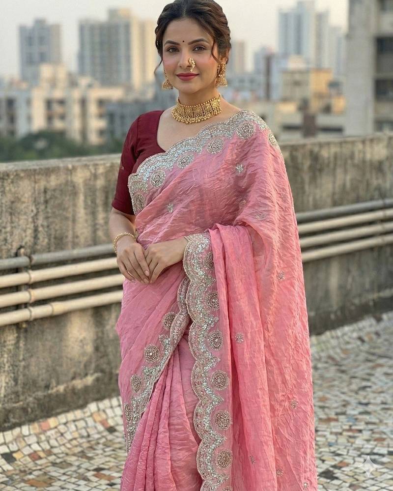 Pink color embroidery work gold crush silk saree 