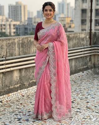 Pink color embroidery work gold crush art silk saree  2