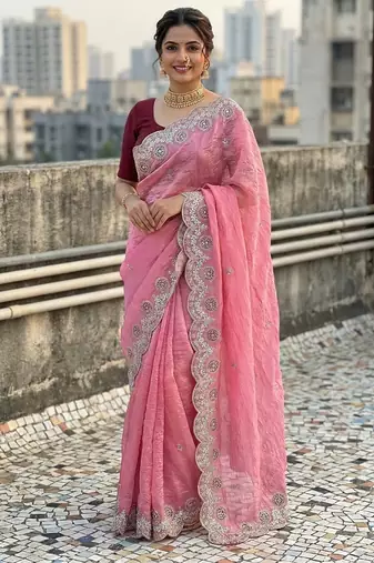 Pink color embroidery work gold crush art silk saree 
