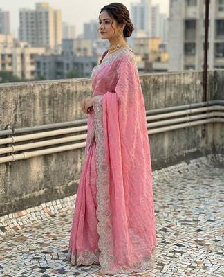 Pink color embroidery work gold crush art silk saree  3