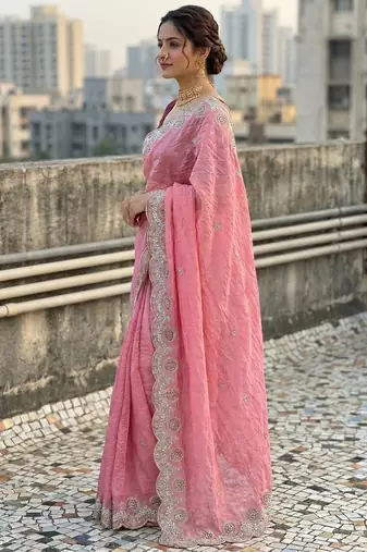 Pink color embroidery work gold crush art silk saree 
