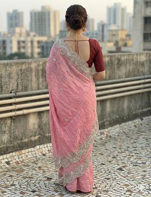 Pink color embroidery work gold crush art silk saree  4