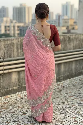 Pink color embroidery work gold crush art silk saree 
