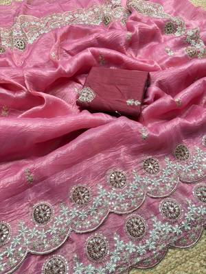 Pink color embroidery work gold crush art silk saree  5