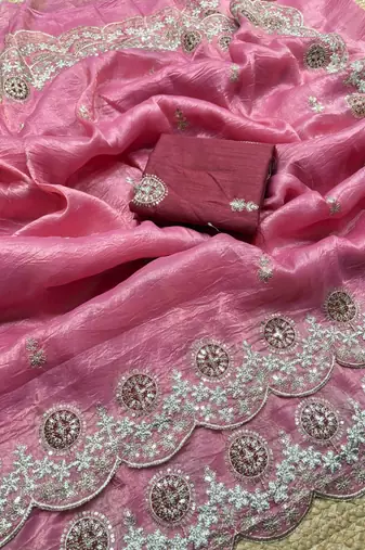 Pink color embroidery work gold crush art silk saree 