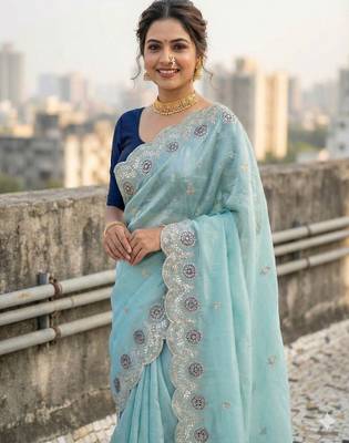sky blue color embroidery work gold crush art silk saree  1