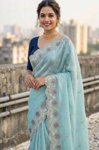 sky blue color embroidery work gold crush silk saree 