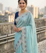 sky blue color embroidery work gold crush silk saree 