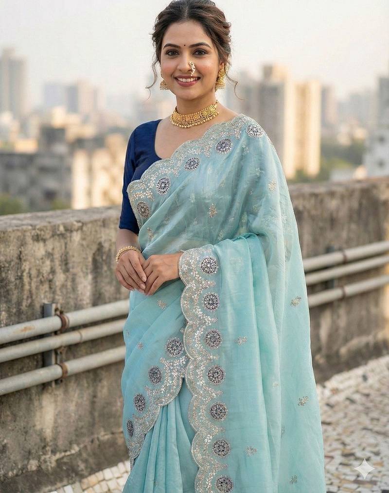 sky blue color embroidery work gold crush silk saree 