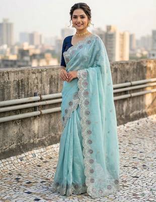 sky blue color embroidery work gold crush art silk saree  2