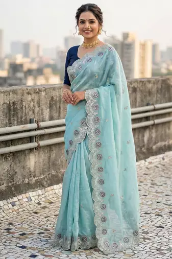 sky blue color embroidery work gold crush art silk saree 
