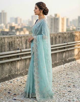 sky blue color embroidery work gold crush art silk saree  3