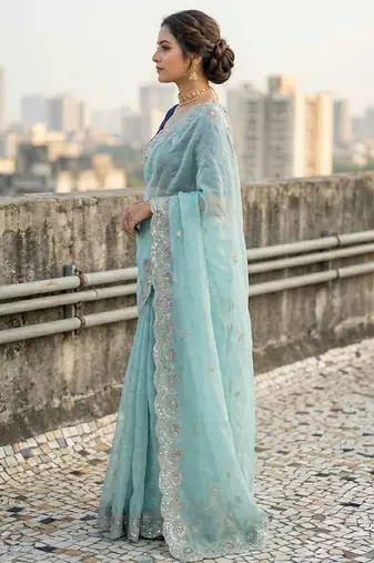 sky blue color embroidery work gold crush art silk saree 