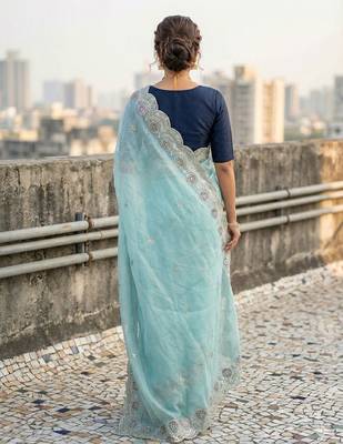 sky blue color embroidery work gold crush art silk saree  4