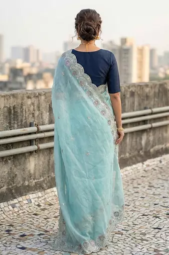 sky blue color embroidery work gold crush art silk saree 