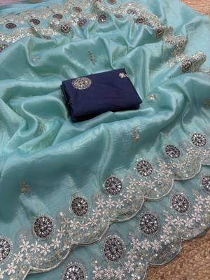 sky blue color embroidery work gold crush art silk saree  5