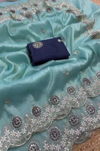 sky blue color embroidery work gold crush art silk saree 