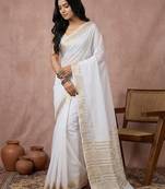 Sutriti women's white pure linen saree with gold zari border & blouse piece
