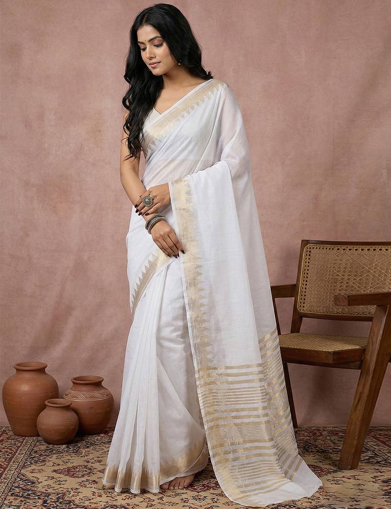 Sutriti women's white pure linen saree with gold zari border & blouse piece