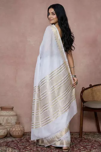 Sutriti women's white pure linen saree with gold zari border & blouse piece