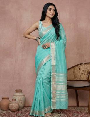 women's turquoise blue pure linen saree with zari border & blouse piece 1