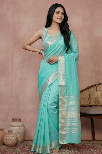 Sutriti women's turquoise blue pure linen saree with zari border & blouse piece