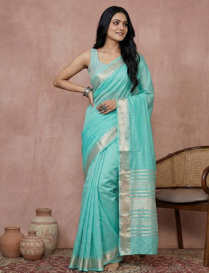 Sutriti women's turquoise blue pure linen saree with zari border & blouse piece