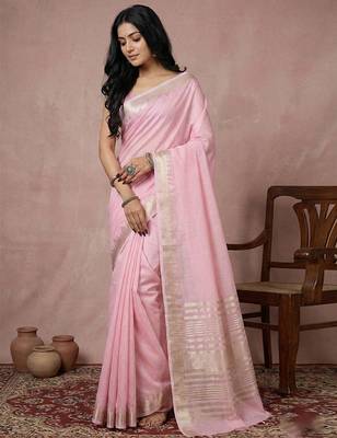 women's pink pure linen saree with zari border & blouse piece 1