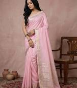 Sutriti women's pink pure linen saree with zari border & blouse piece