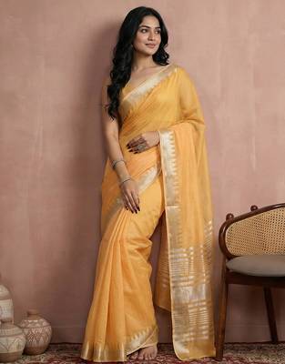 women's mustard yellow pure linen saree with zari border & blouse piece 1