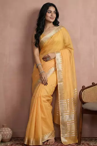 Sutriti women's mustard yellow pure linen saree with zari border & blouse piece