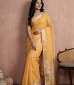 Sutriti women's mustard yellow pure linen saree with zari border & blouse piece