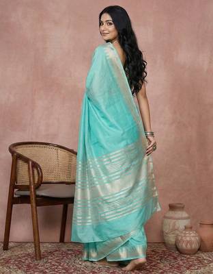 women's turquoise blue pure linen saree with zari border & blouse piece 3