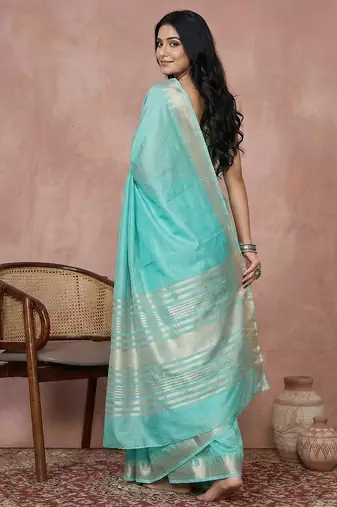 women's turquoise blue pure linen saree with zari border & blouse piece
