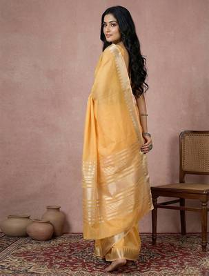 women's mustard yellow pure linen saree with zari border & blouse piece 2