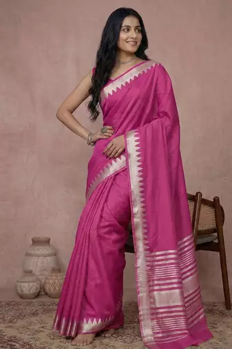 Sutriti women's magenta pure linen saree with gold zari border & blouse piece